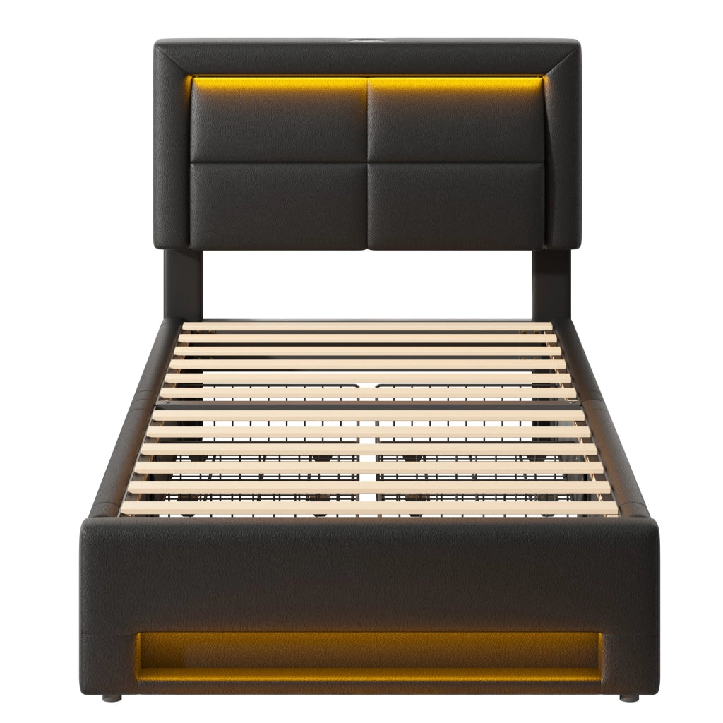Letto imbottito 90x200 cm con quattro cassetti; LED e USB; PU nero