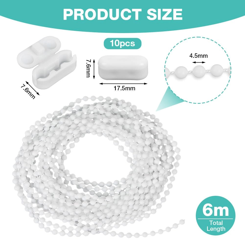 Corda per avvolgibili, 6 metri, con 10 connettori, diametro 4,5 mm, colore bianco, materiale plastico
