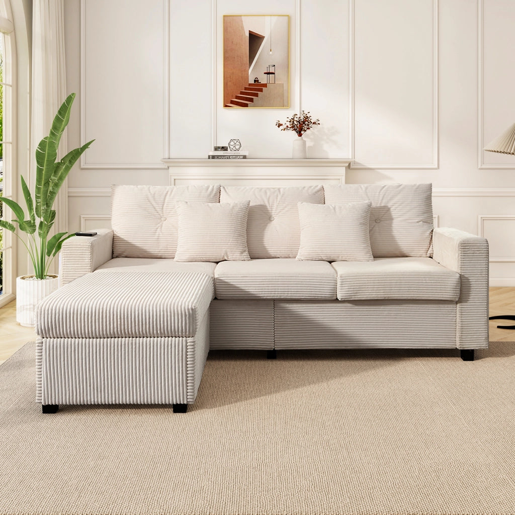 Divano 3 posti con pouf 98x51 cm e LED controllabili tramite app; modulare a L; velluto a coste beige