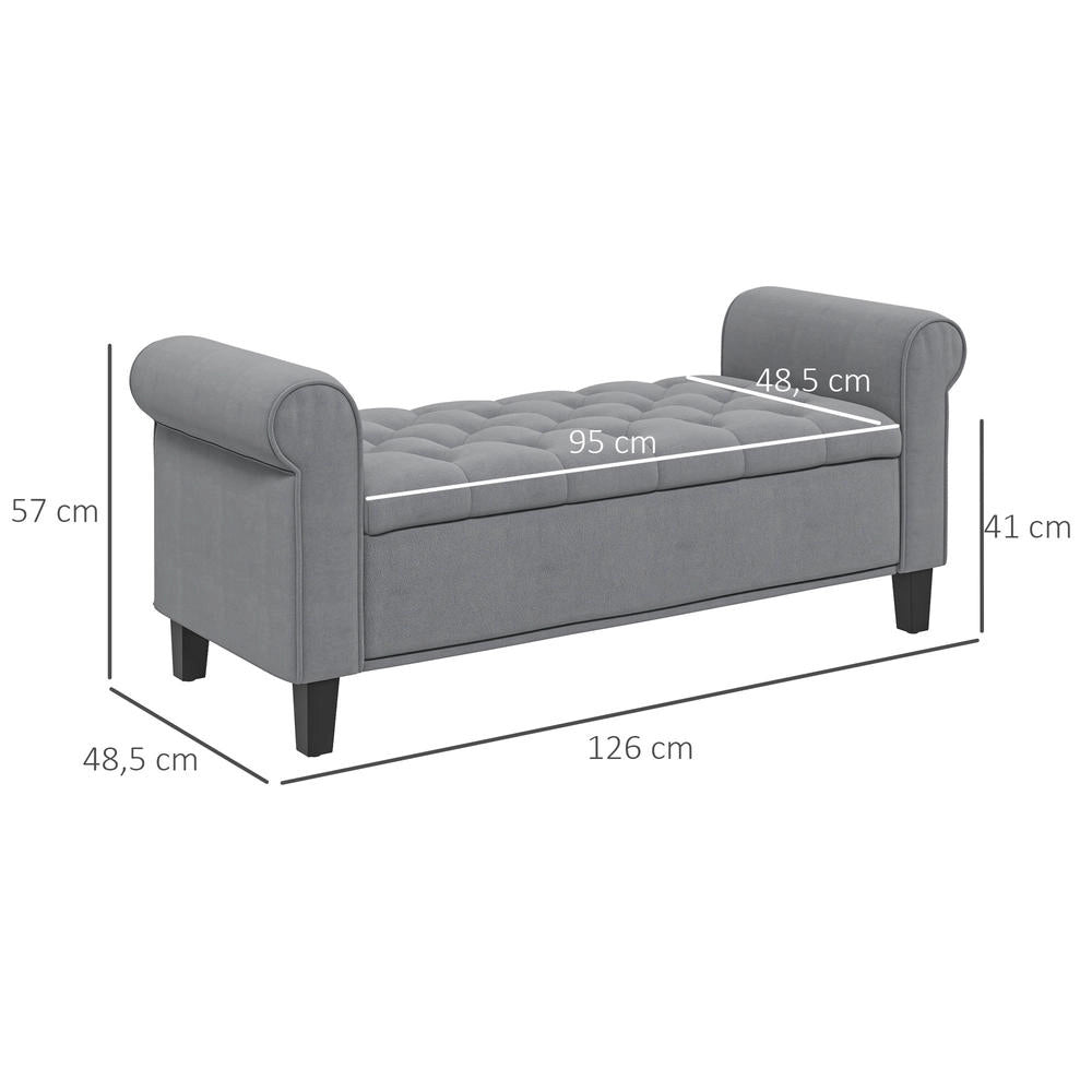 Panca contenitore imbottita fondo letto effetto velluto grigio con trapuntatura a bottoni 126 cm x 48,5 cm x 57 cm
