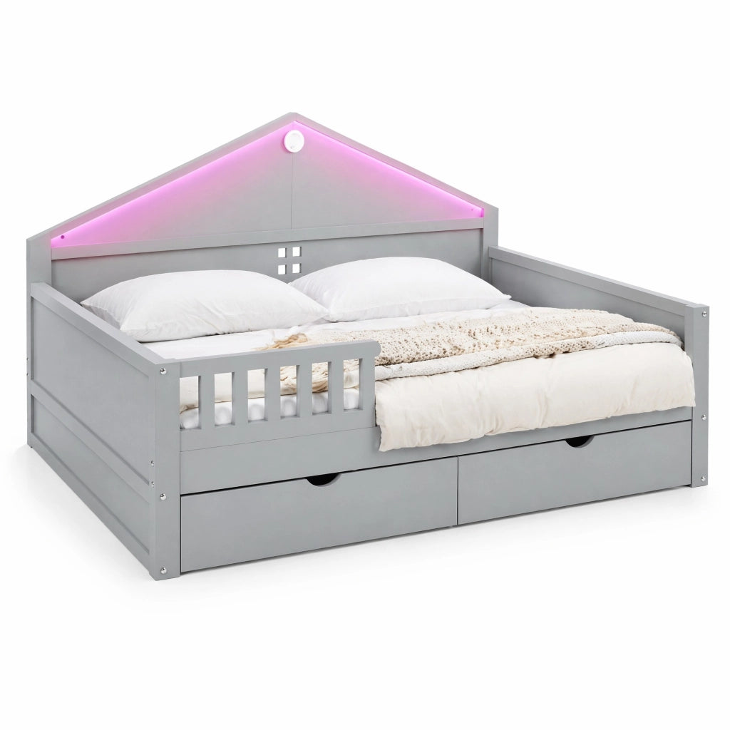 Letto singolo multifunzione 140 × 200 cm con cassetti luce LED legno e MDF grigio portata massima 150 kg