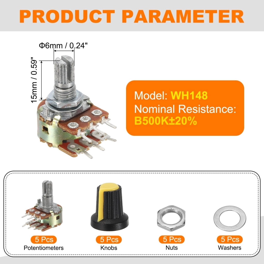 Set di 5 potenziometri lineari doppi WH148, potenziometri audio B500K Ohm, manopole a 6 pin con albero diviso, kit con maniglia in metallo e accessori di montaggio, giallo