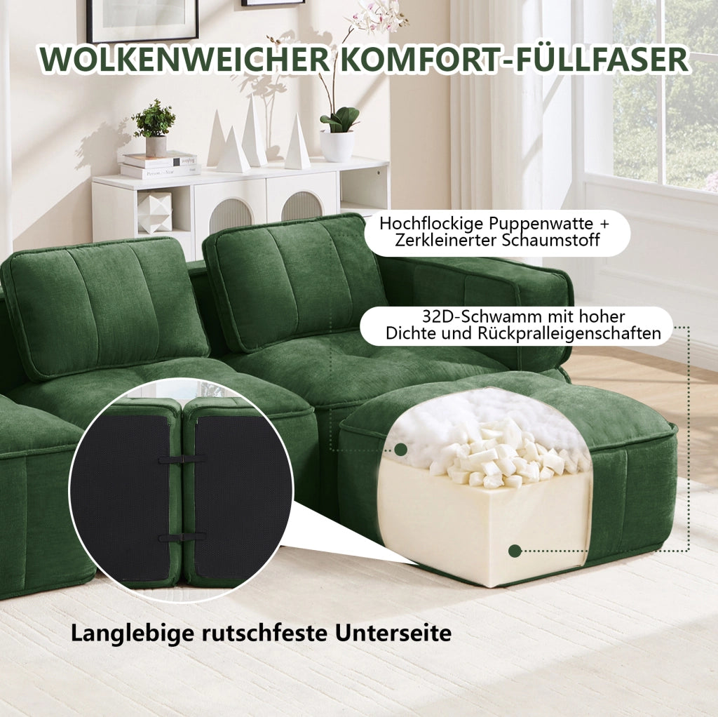 Divano modulare con pouf verde in poliestere, 198 x 162 x 67 cm