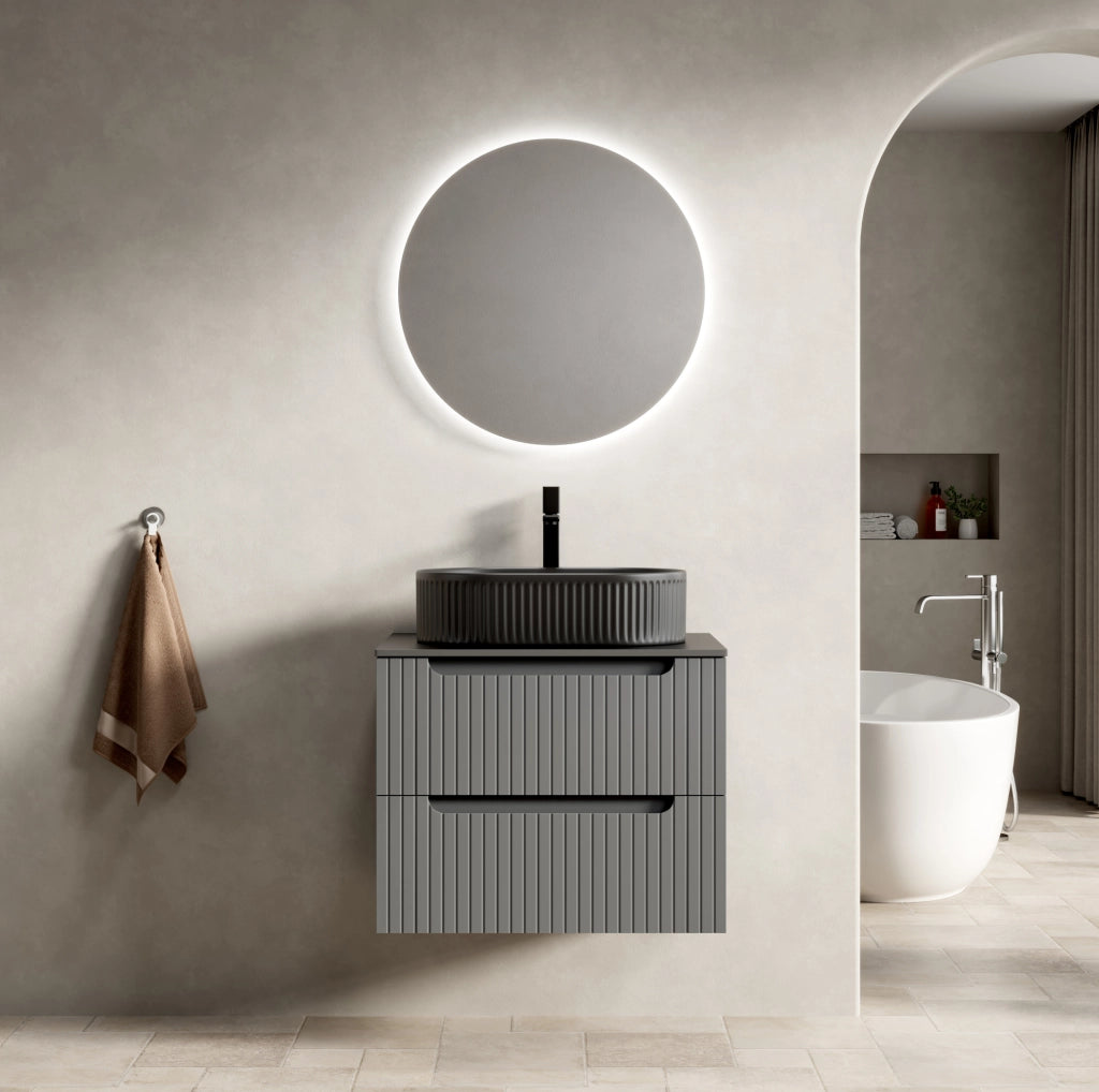 Mobile lavabo sospeso 60 cm nero e grigio scuro, lavabo ovale, 2 cassetti