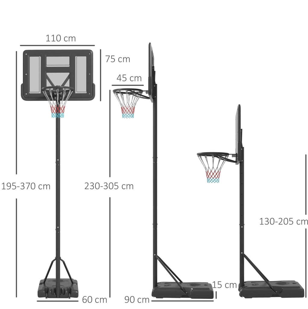 Canestro da basket su base regolabile 230-305 cm in metallo nero con ruote
