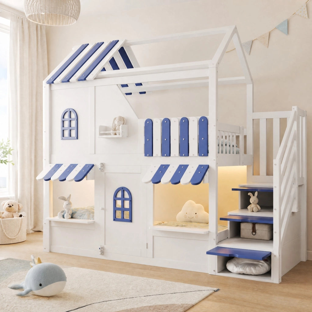 Letto a castello per bambini 90x200 cm con LED; ripiani e scala contenitore; bianco e blu