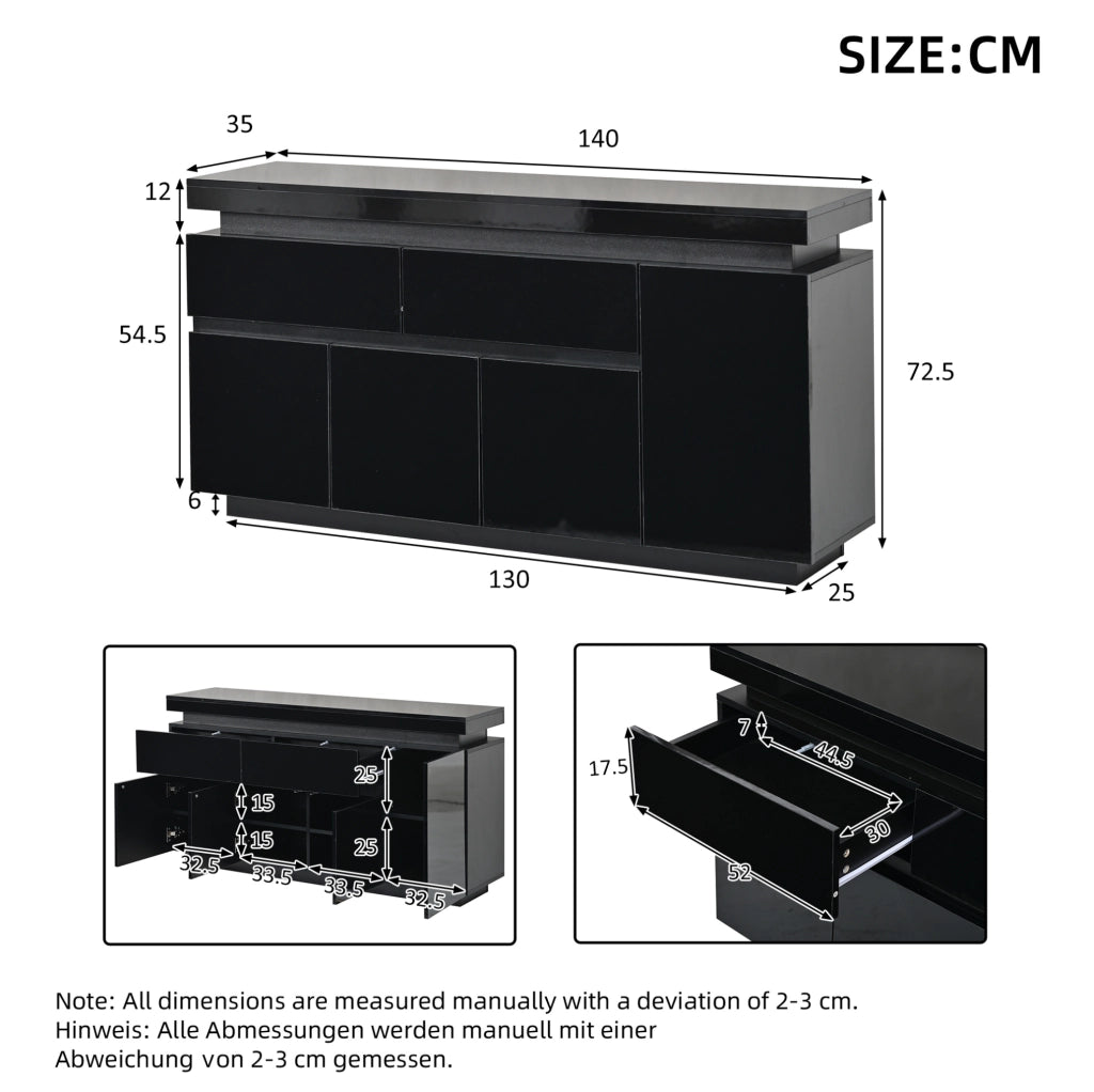 Credenza nera lucida 140 x 35 x 72,5 cm con illuminazione a LED