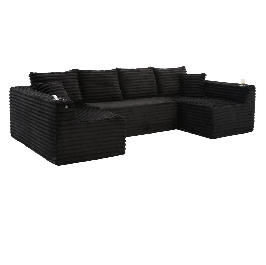 Divano modulare a U 320x155x88 cm in tessuto nero con portabicchieri