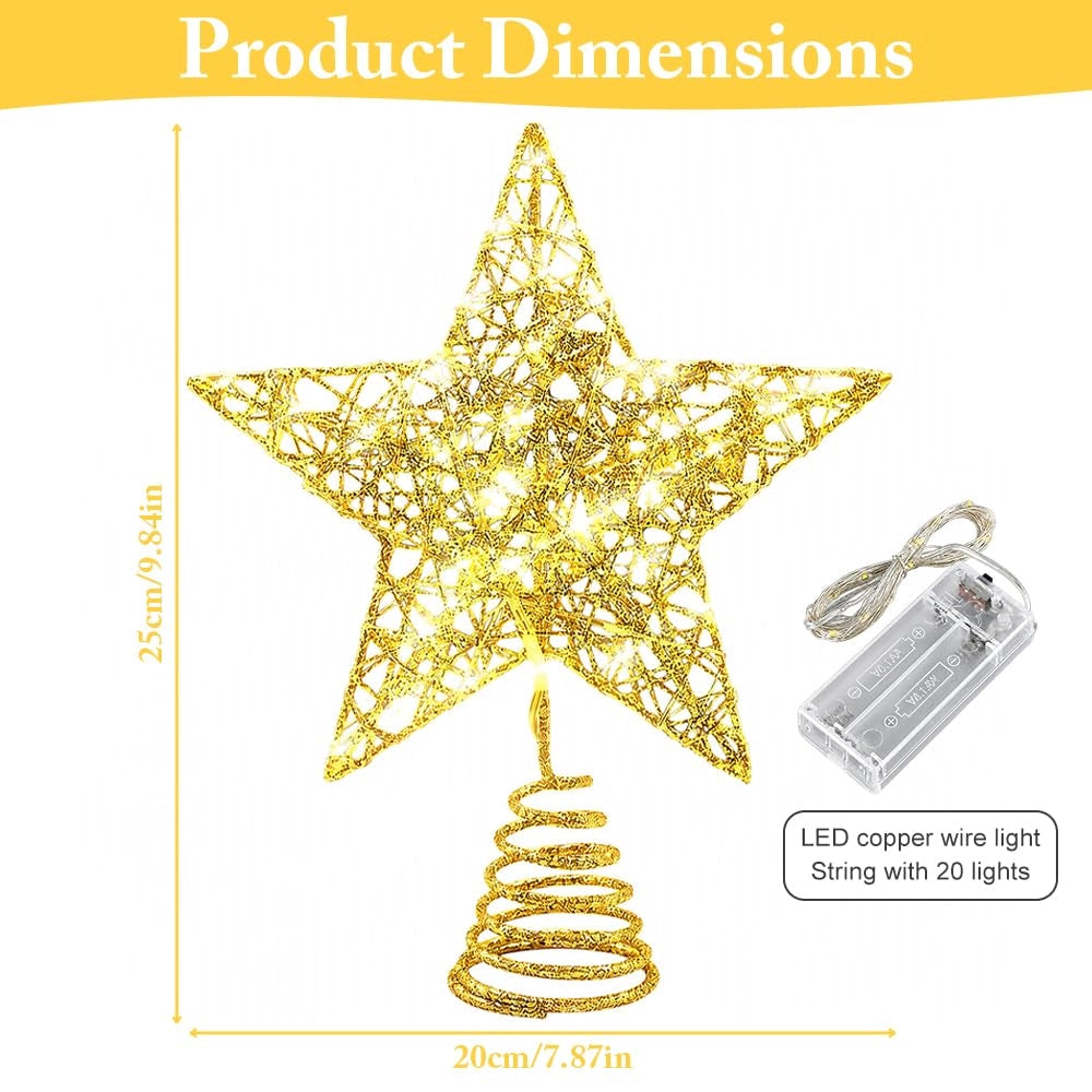 Stella per la punta dell'albero di Natale, 20 x 25 cm, color oro, con 20 LED bianchi caldi, alimentata a batteria