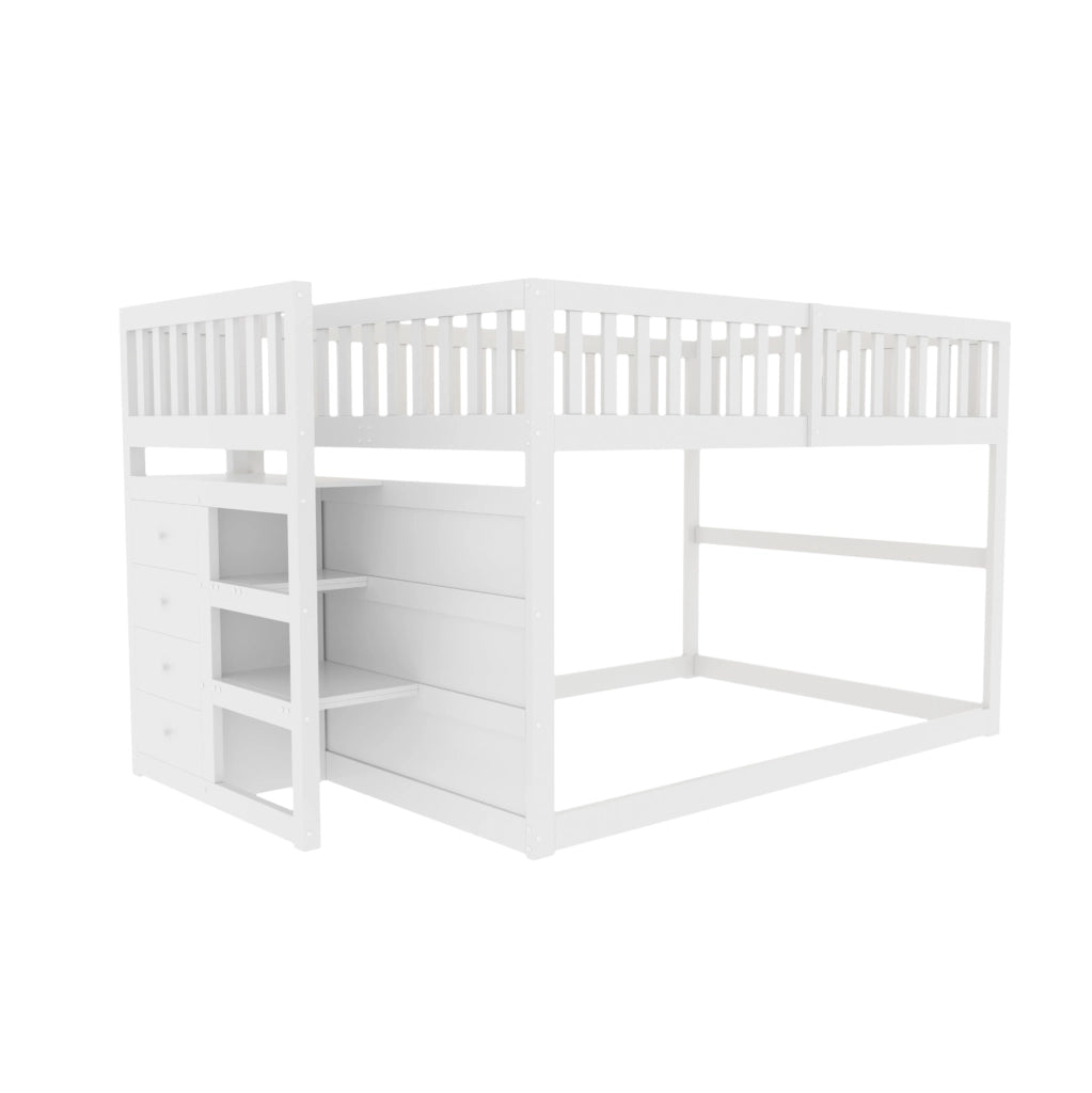 Letto a castello basso 140x200 cm in legno bianco con scaletta sicura e spazio contenitore