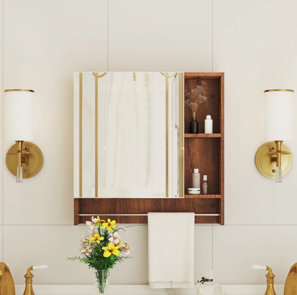 Armadio bagno a parete color noce in MDF con specchio e ripiani aperti