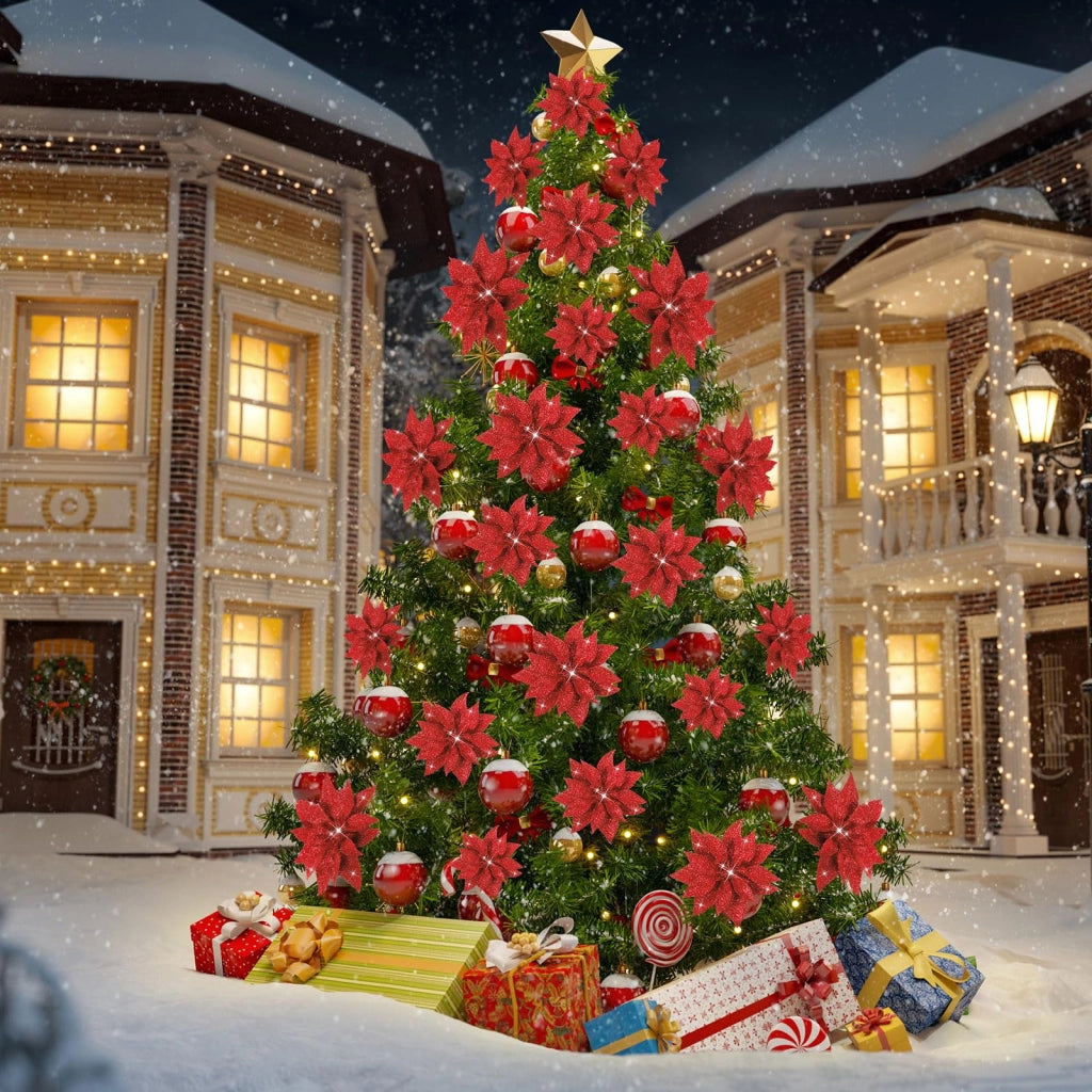 Fiori artificiali di Natale a stella, 36 pezzi, 3 dimensioni, colore rosso, con clip