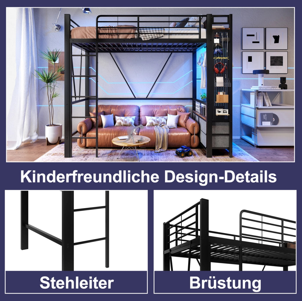 Letto a soppalco 90x200 nero con LED, USB, Type-C e materasso