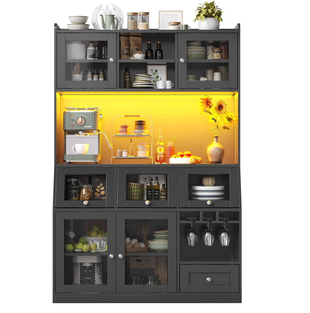 Mobile da cucina 120x40x181;7 cm con LED multicolore; USB e ripiani regolabili; MDF e metallo; nero