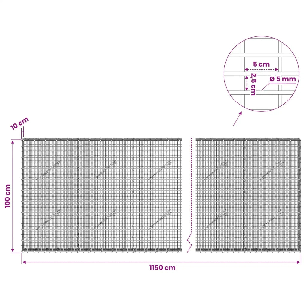 Gabione con Filo da 5 mm e Rete da 5x2,5 cm 1150x10x100 cm 3463505