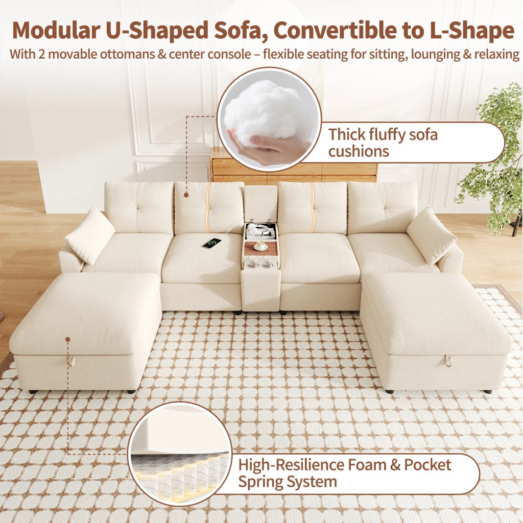 Divano panoramico modulare a 6 posti in chenille beige con console USB Type-C e 2 pouf contenitore 84.5 × 316 × 140 cm