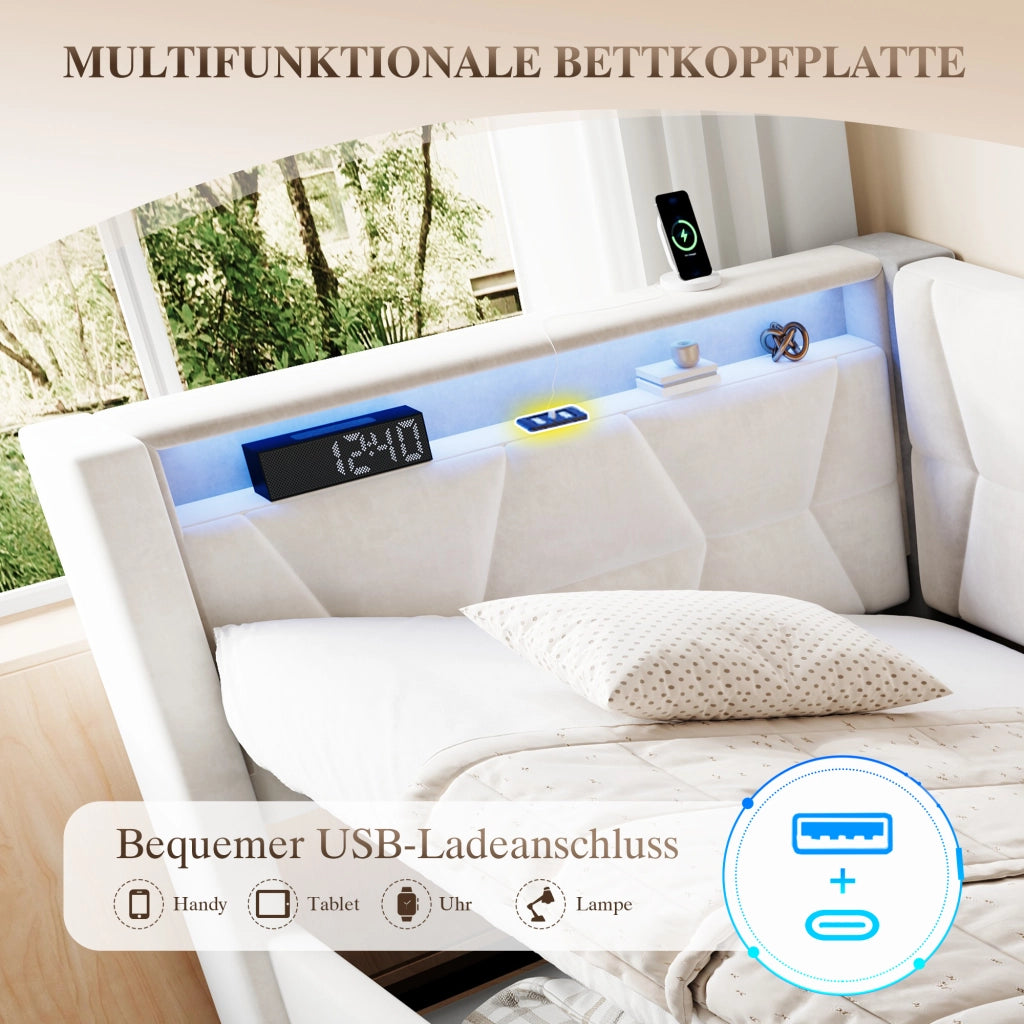 Letto singolo con contenitore 90 × 200 cm imbottito con LED USB e Type-C in metallo rivestito in velluto beige