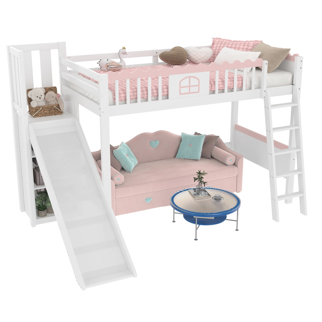 Letto a soppalco per bambini con scivolo; bianco 90x200 cm