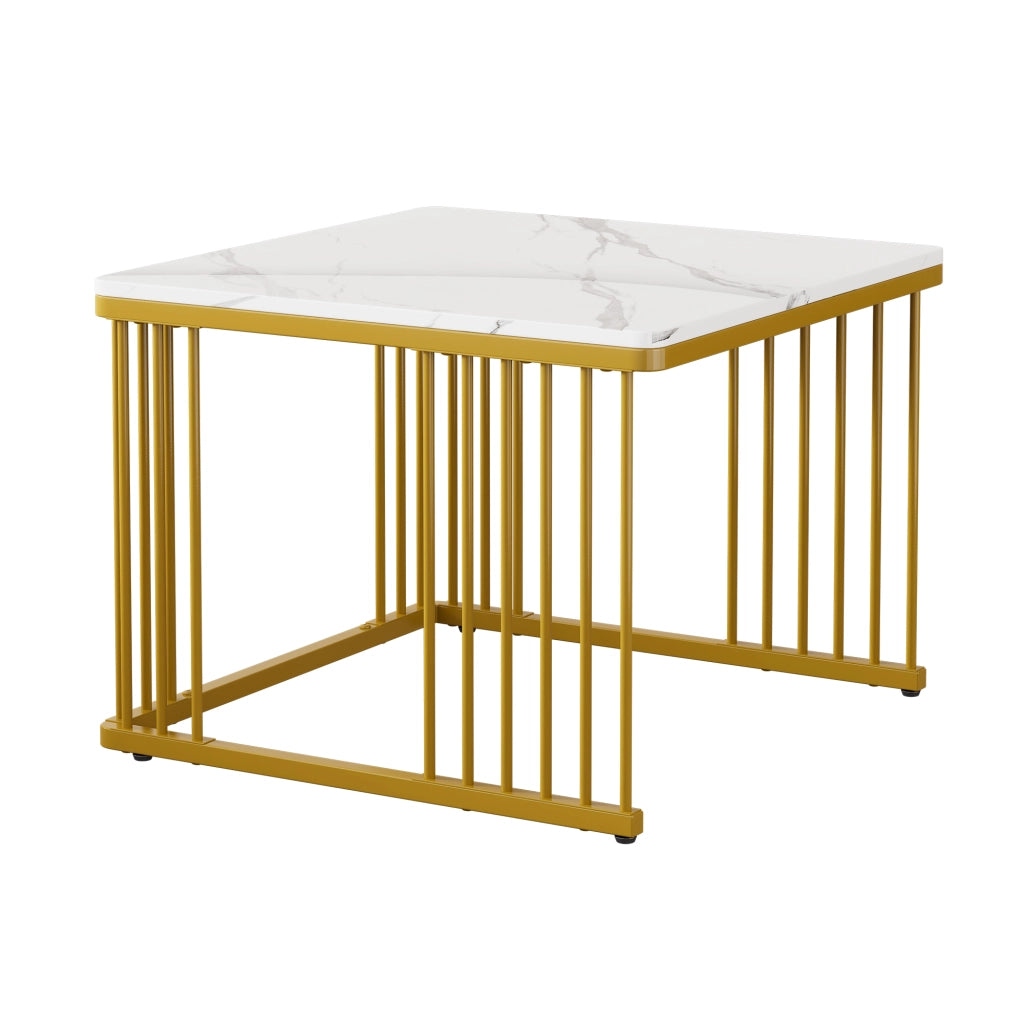 Tavolini da salotto quadrati set di 2 in MDF bianco effetto marmo lucido con gambe dorate regolabili e sovrapponibili