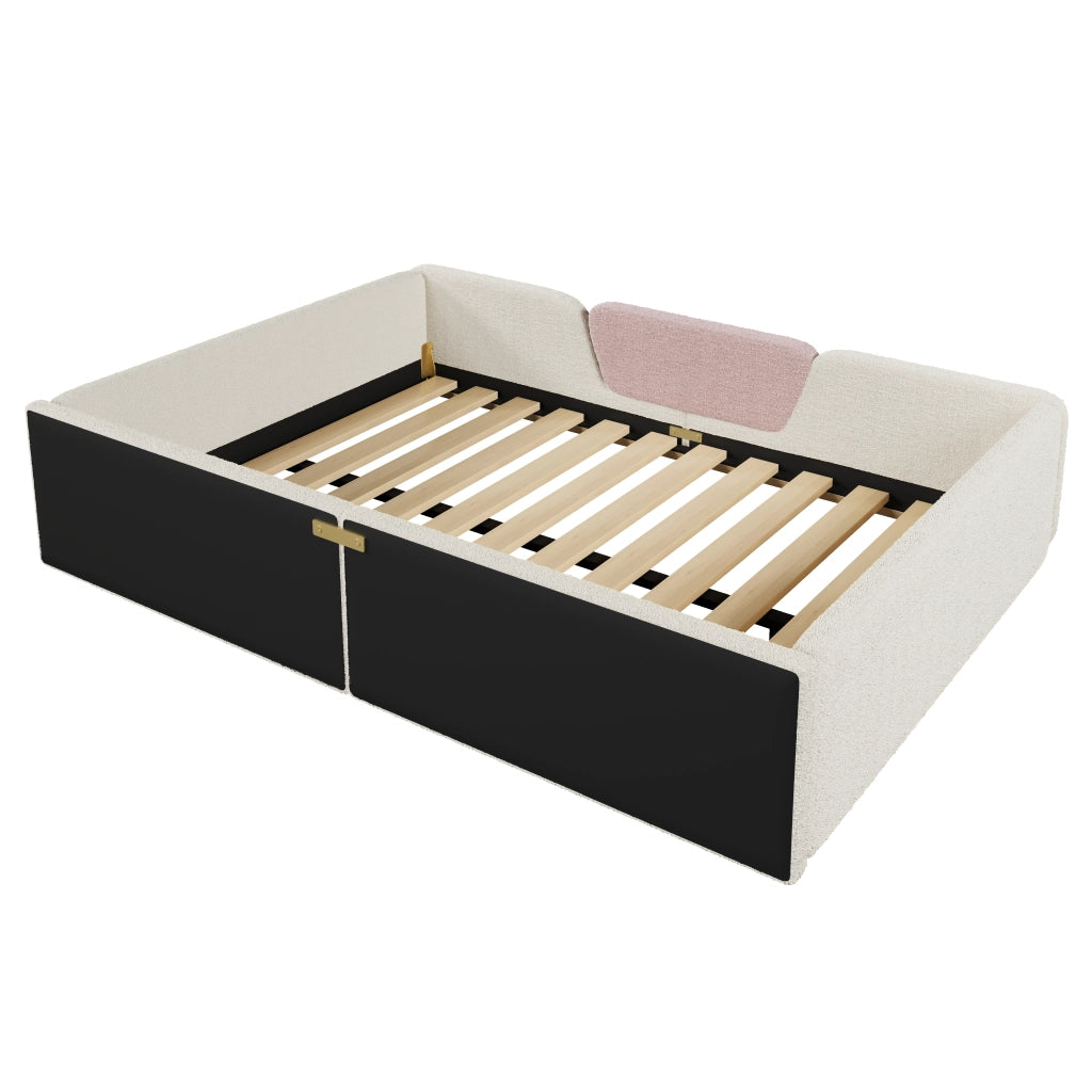 Letto per bambini imbottito 140 × 190 cm in velluto beige con sponde laterali removibili e tasca integrata