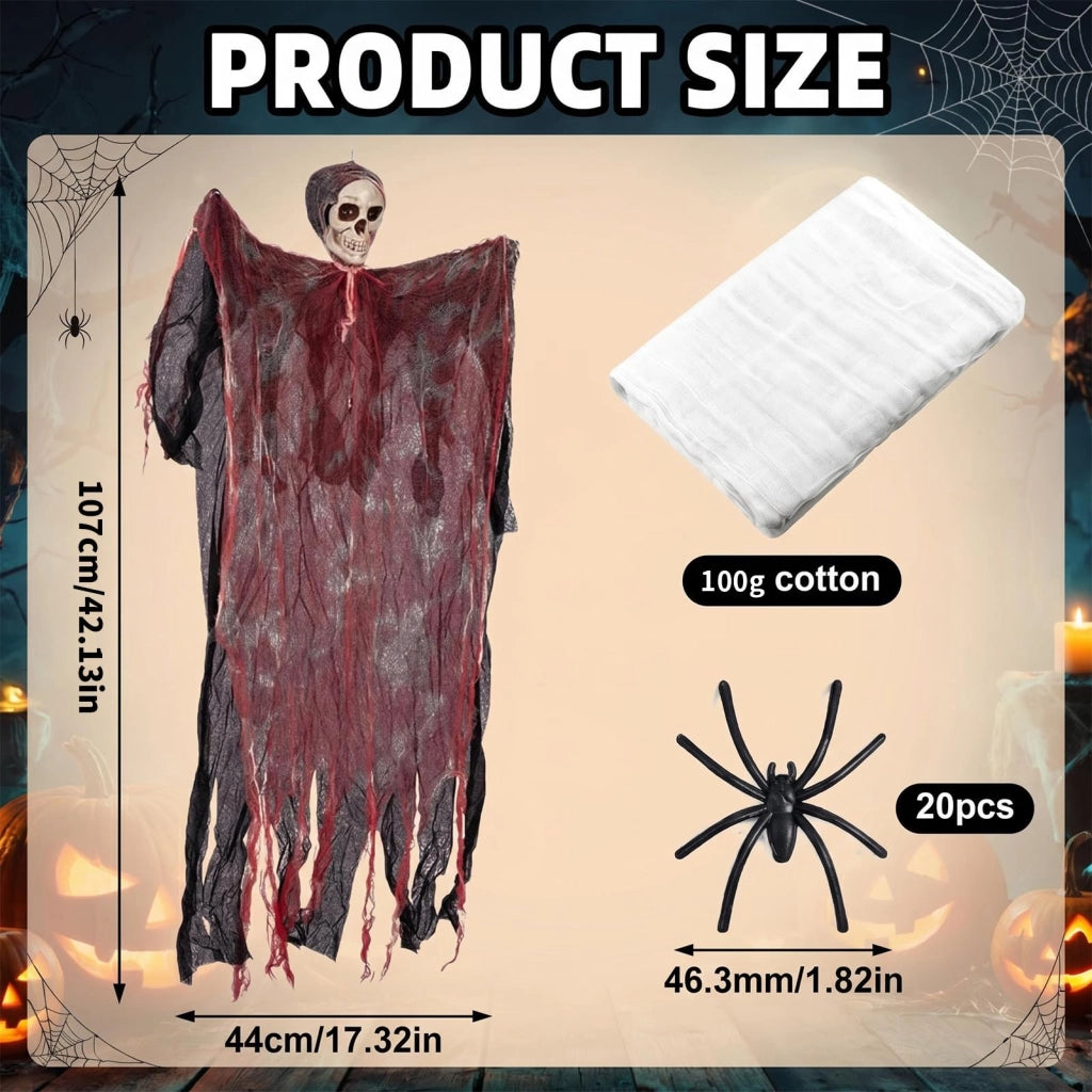 Decorazioni per Halloween con scheletro, fantasma spettrale e ragnatela