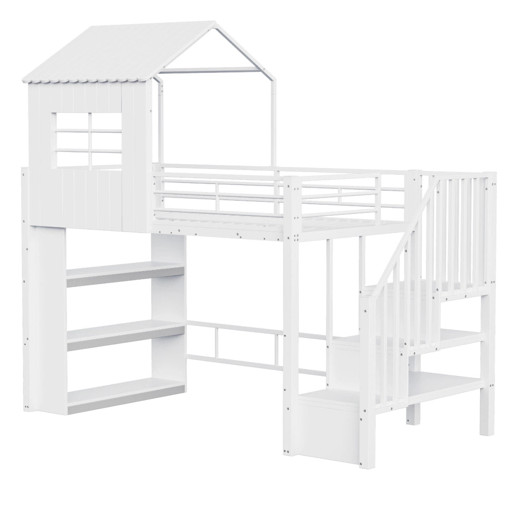 Letti a soppalco per bambini 90x200 cm; con scala contenitore reversibile e scaffale; in MDF e metallo; bianco; senza materasso