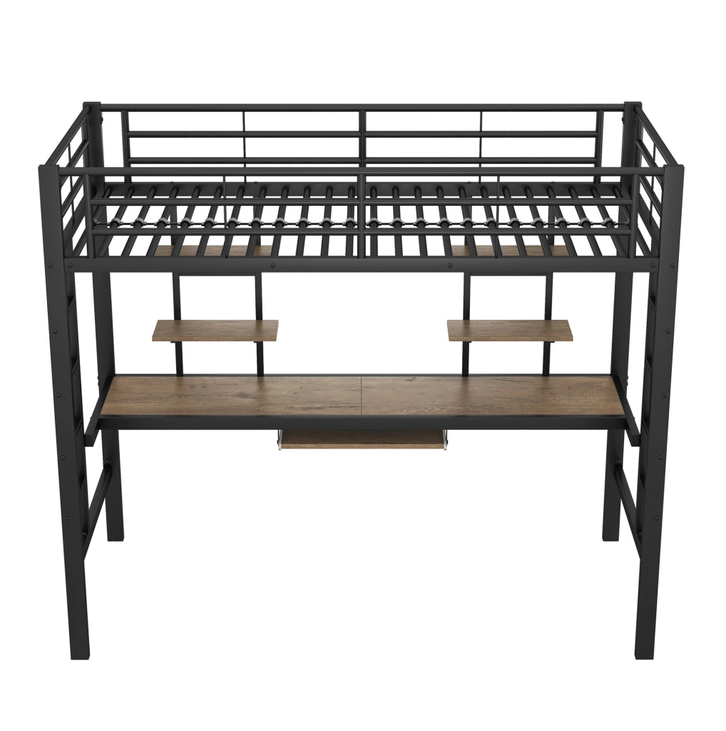 Letto a soppalco in metallo con scrivania e due scaffali, 90x200 cm, nero