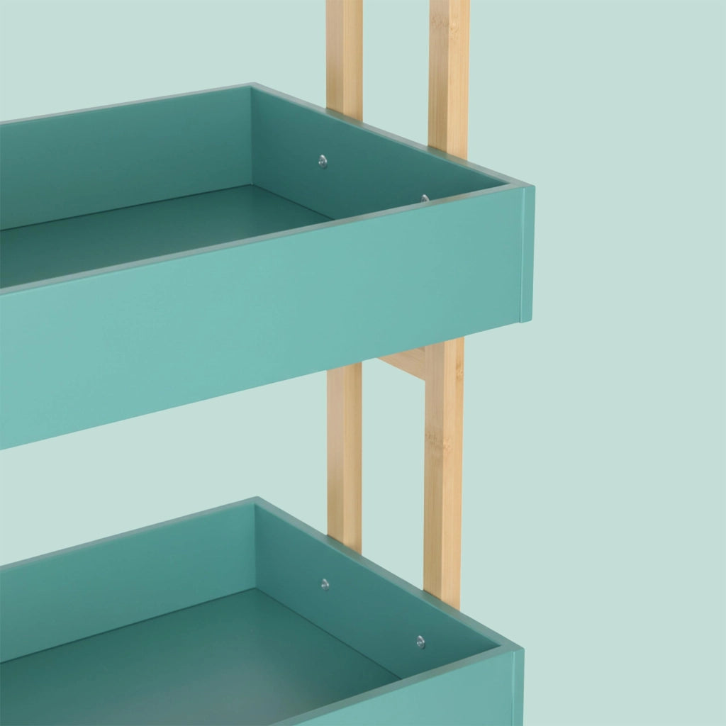 Carrello servitore a 4 ripiani, in bambù e MDF, dimensioni 88x40x30 cm, colore naturale/verde menta