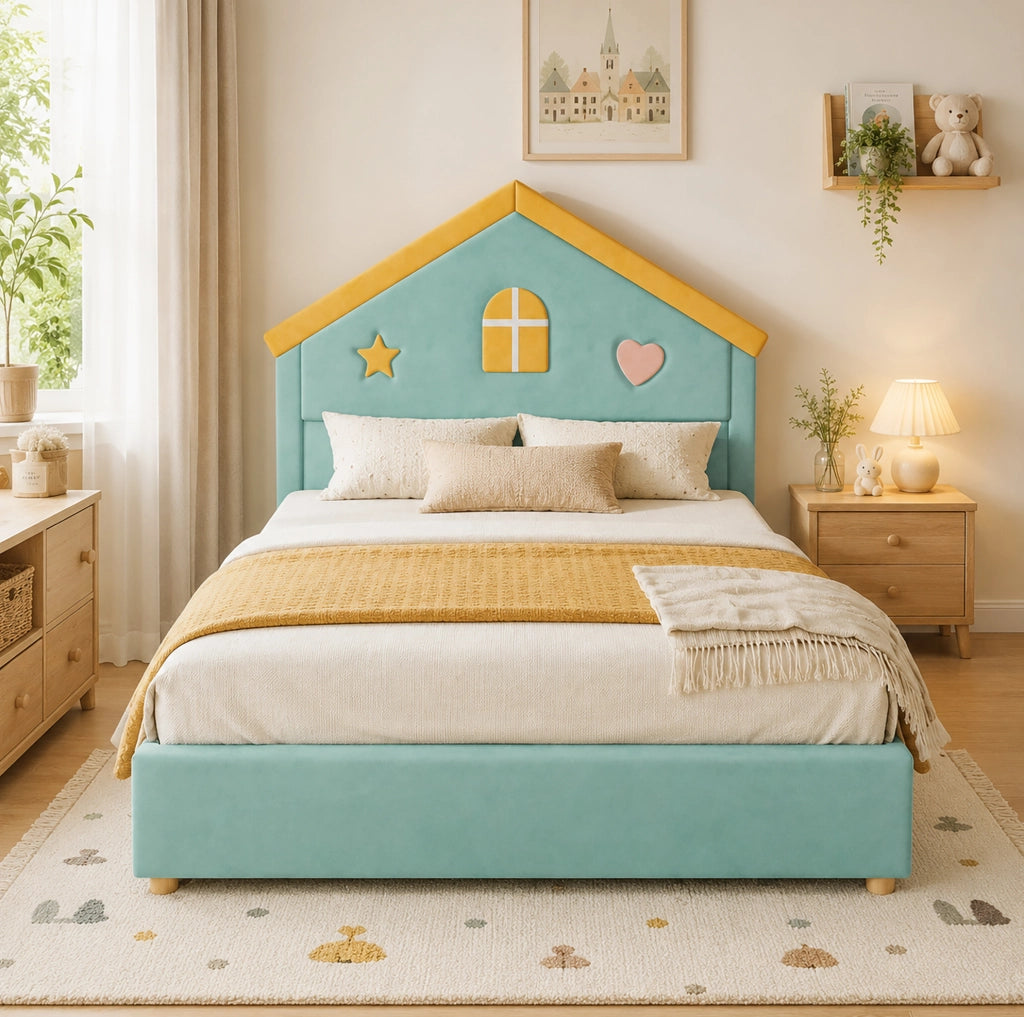 Letto imbottito 140 x 200 cm verde blu con 4 cassetti