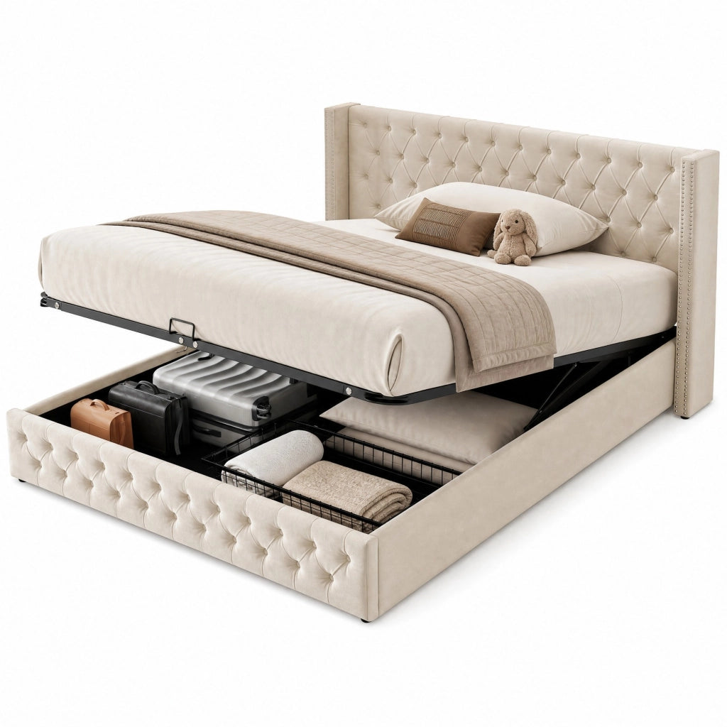 Letto matrimoniale imbottito 140x190 cm con contenitore e rivetti in velluto nero e beige