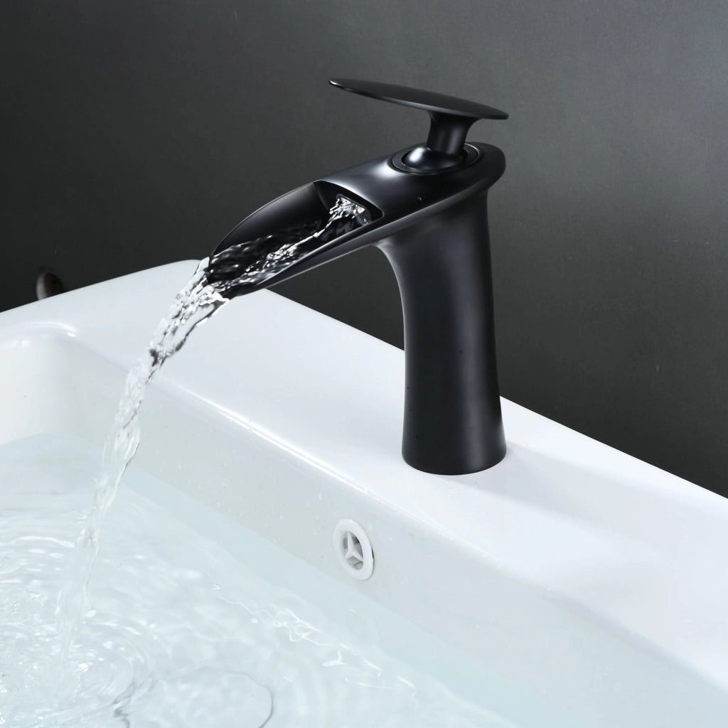 Miscelatore per lavabo a cascata, nero, in ottone, per acqua calda e fredda