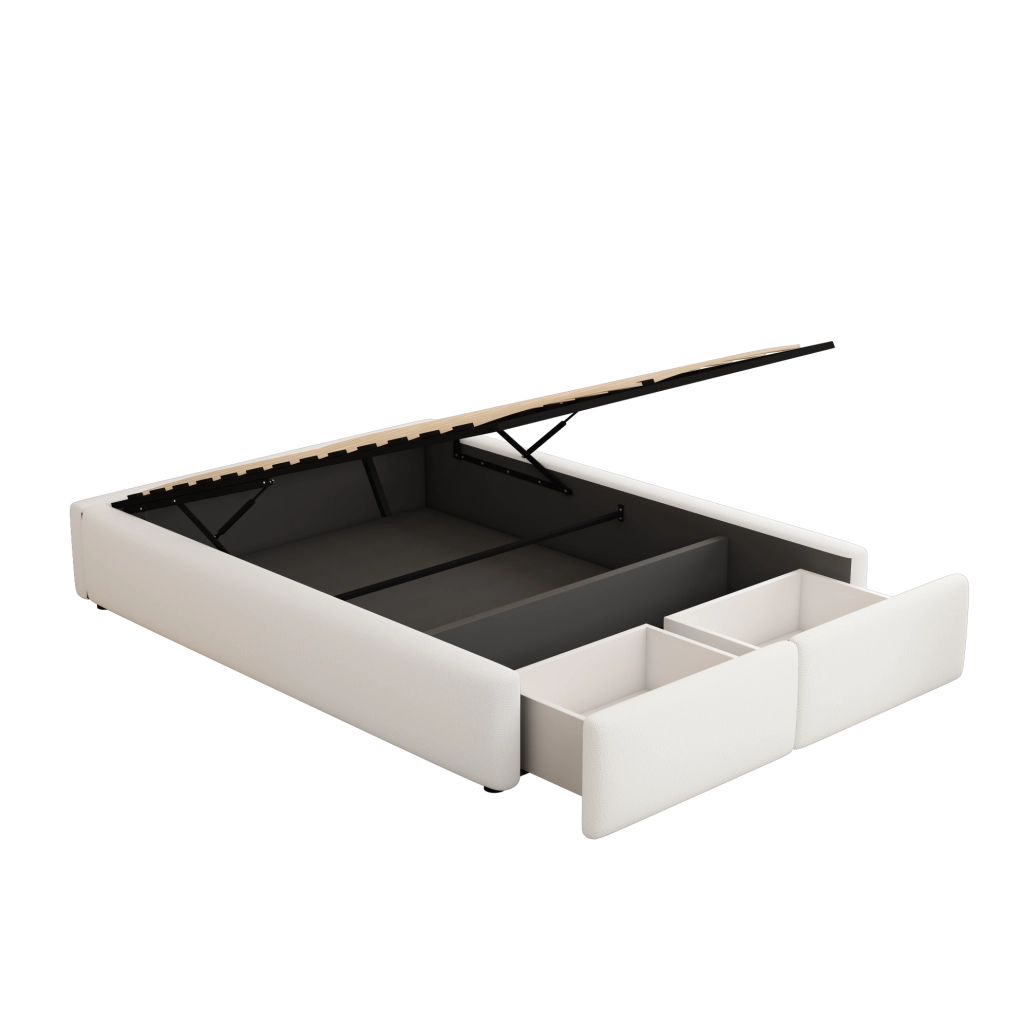 Letto imbottito 140x200 cm senza testiera con contenitore idraulico, 2 cassetti, bianco