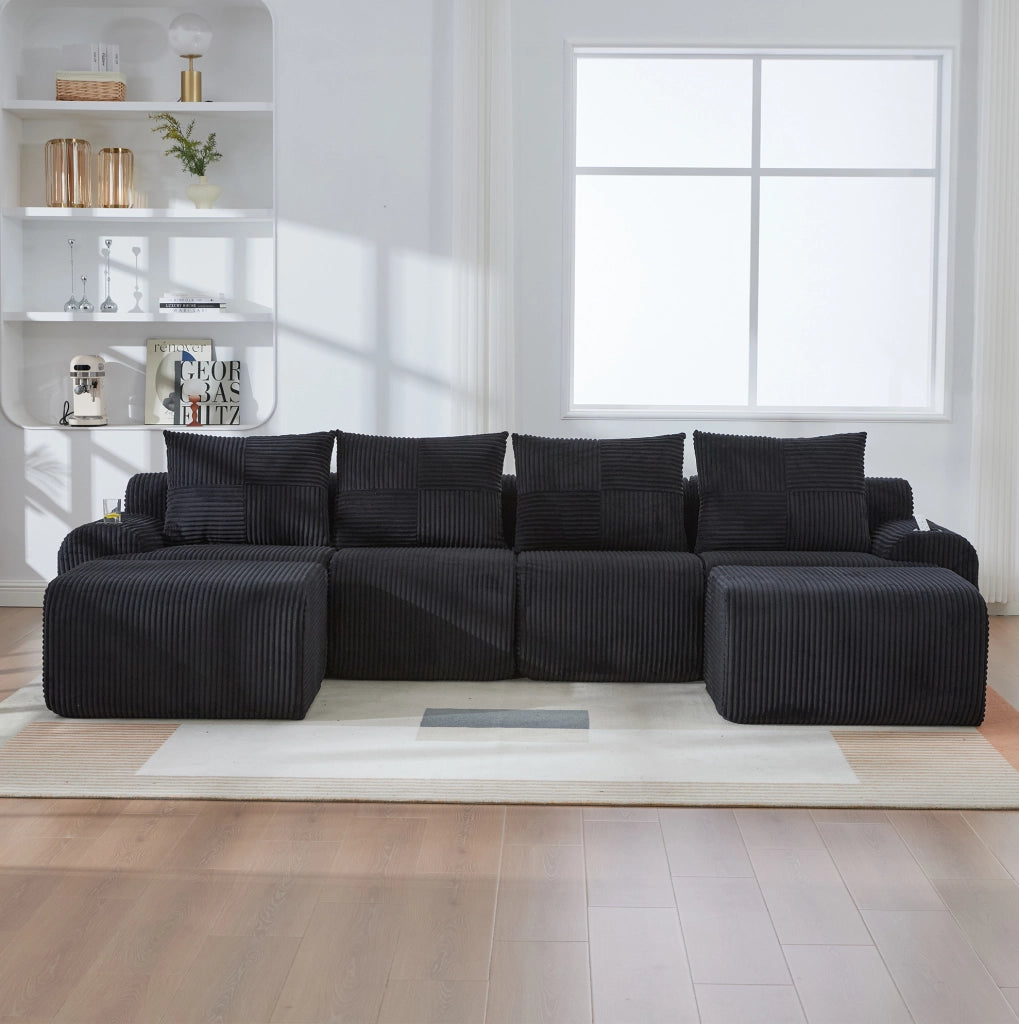 Divano modulare 4 posti 333x174x80 cm con moduli componibili, portabicchieri e tasca laterale in tessuto a coste nero, moderno