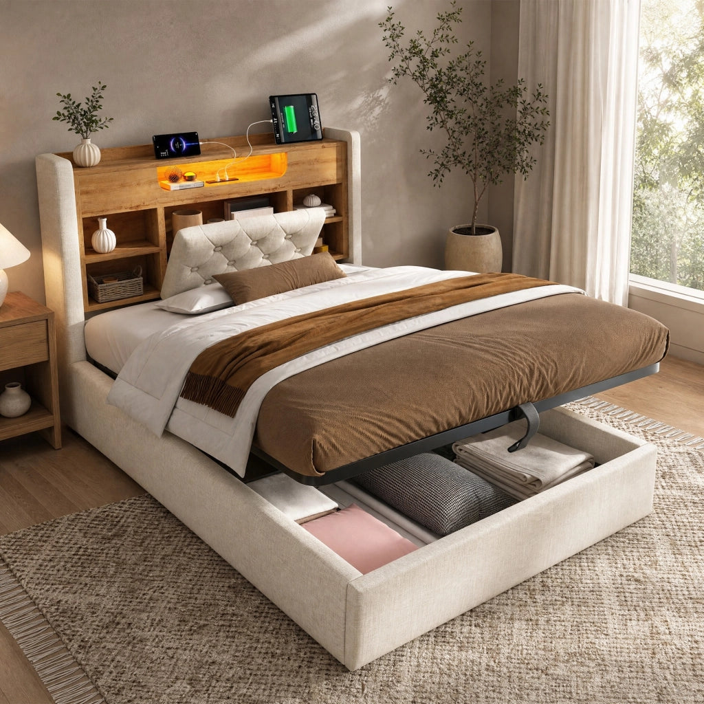 Letto singolo 90 × 200 cm con contenitore idraulico LED USB Type C in lino beige con testiera a ripiani