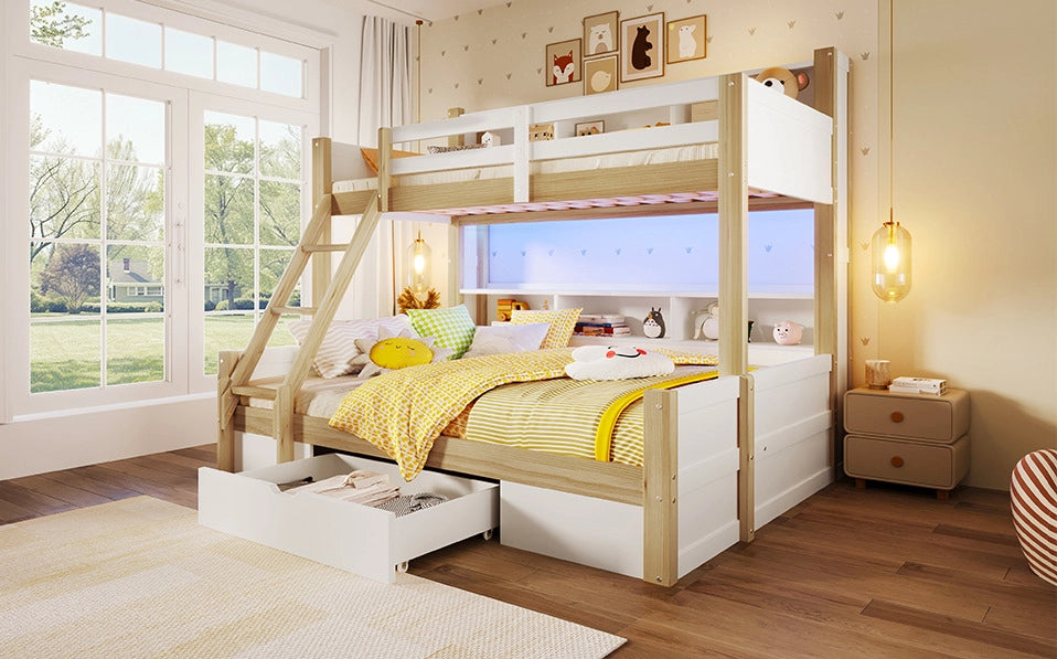 Letto a castello in legno massello 90x200 cm + 140x200 cm con scale, sponde, cassetto e luci LED, bianco e naturale, senza materasso
