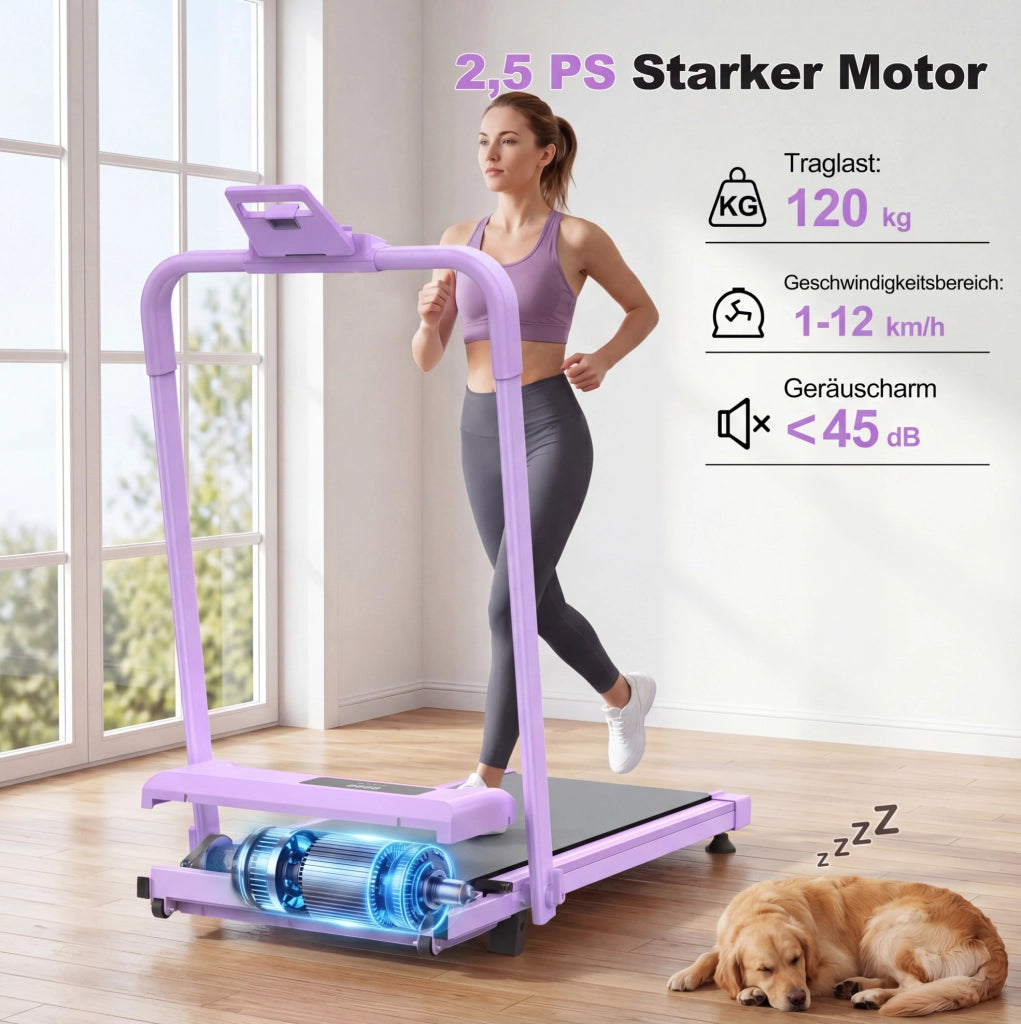 Tapis roulant pieghevole 3 in 1 con inclinazione 10%, portata 120 kg, viola