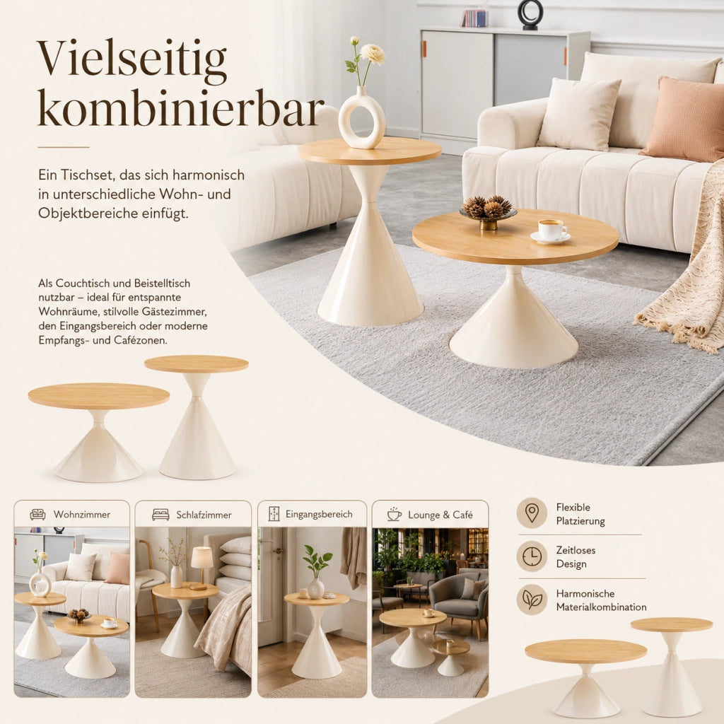 Tavolini da salotto set di 2 rotondi Ø 70 × 40 cm e Ø 50 × 55 cm in MDF e metallo bianco effetto legno