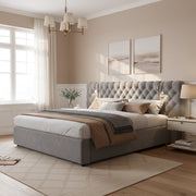 Letto contenitore 160 ¡Á 200 cm con due comodini rete a doghe in legno rivestito in lino grigio e nero