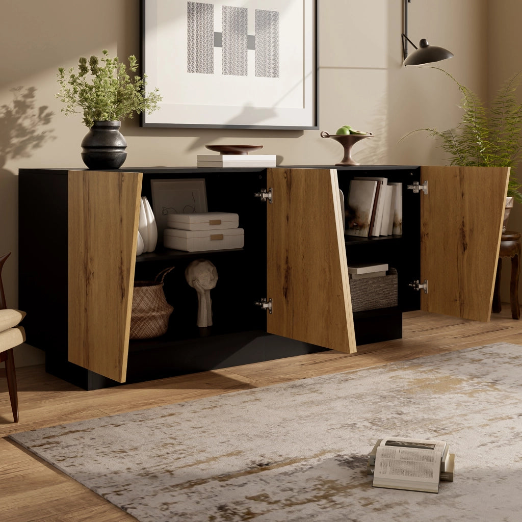 Credenza 160 × 40 × 72 cm con ripiano regolabile in pannello di particelle nero e legno per soggiorno e sala da pranzo
