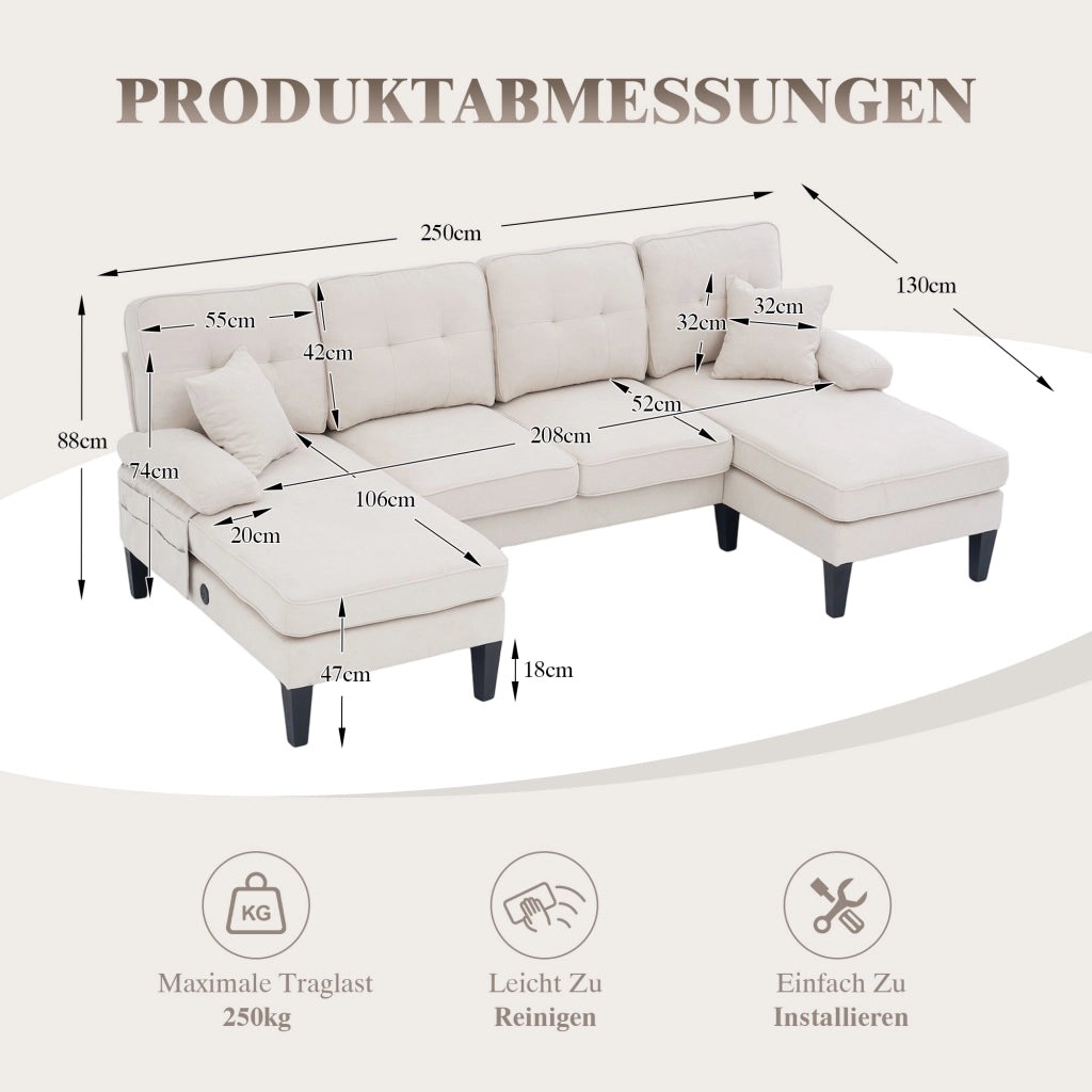 Divano 4 posti a U in lino beige con due chaise longue tasche laterali porte USB e Type C schienale curvo