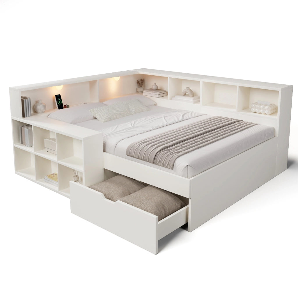Letto con contenitore 140 x 190 cm bianco con luci e prese di ricarica