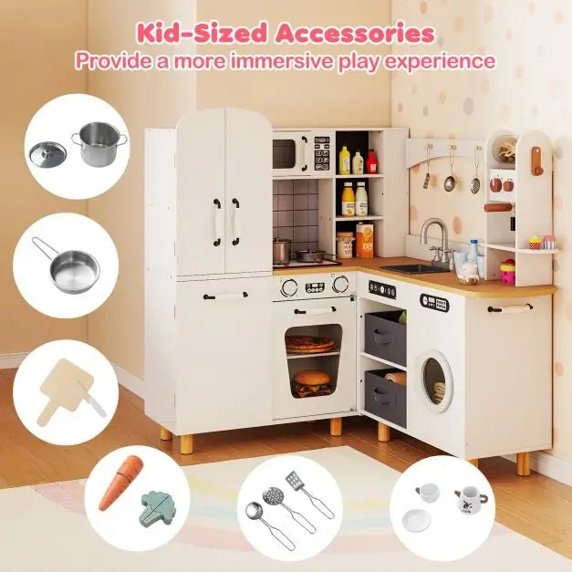 Cucina Giocattolo Angolare per Bambini in Legno con Gambe in Pino Luci e Suoni Bianco Salvaspazio