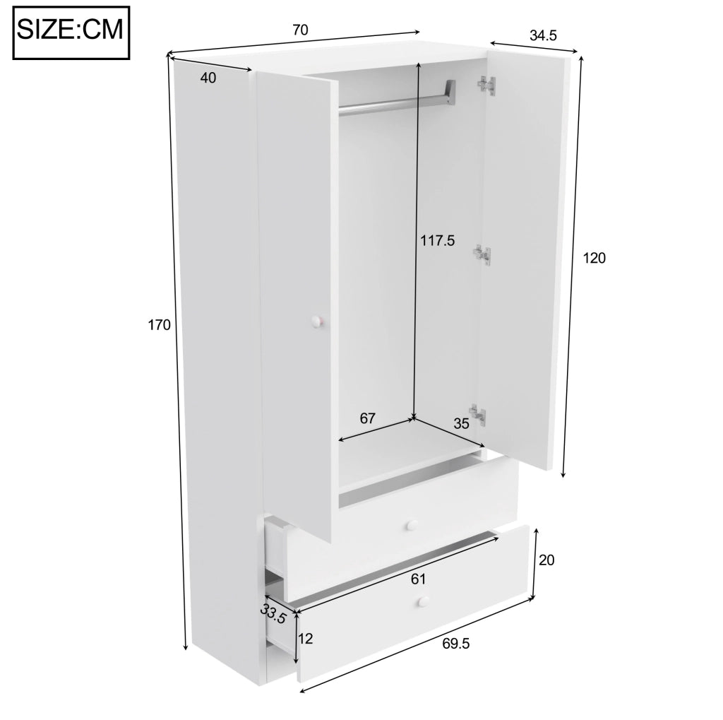 Armadio 70 × 40 × 170 cm rosa e bianco con 2 cassetti