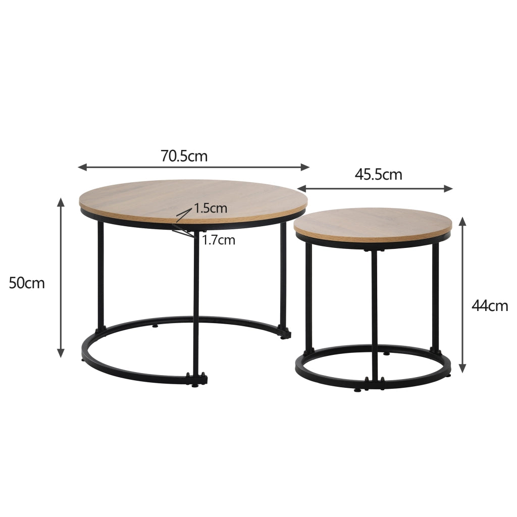 Tavolini da salotto set di 2 rotondi sovrapponibili in MDF noce e nero con struttura in metallo dal design moderno