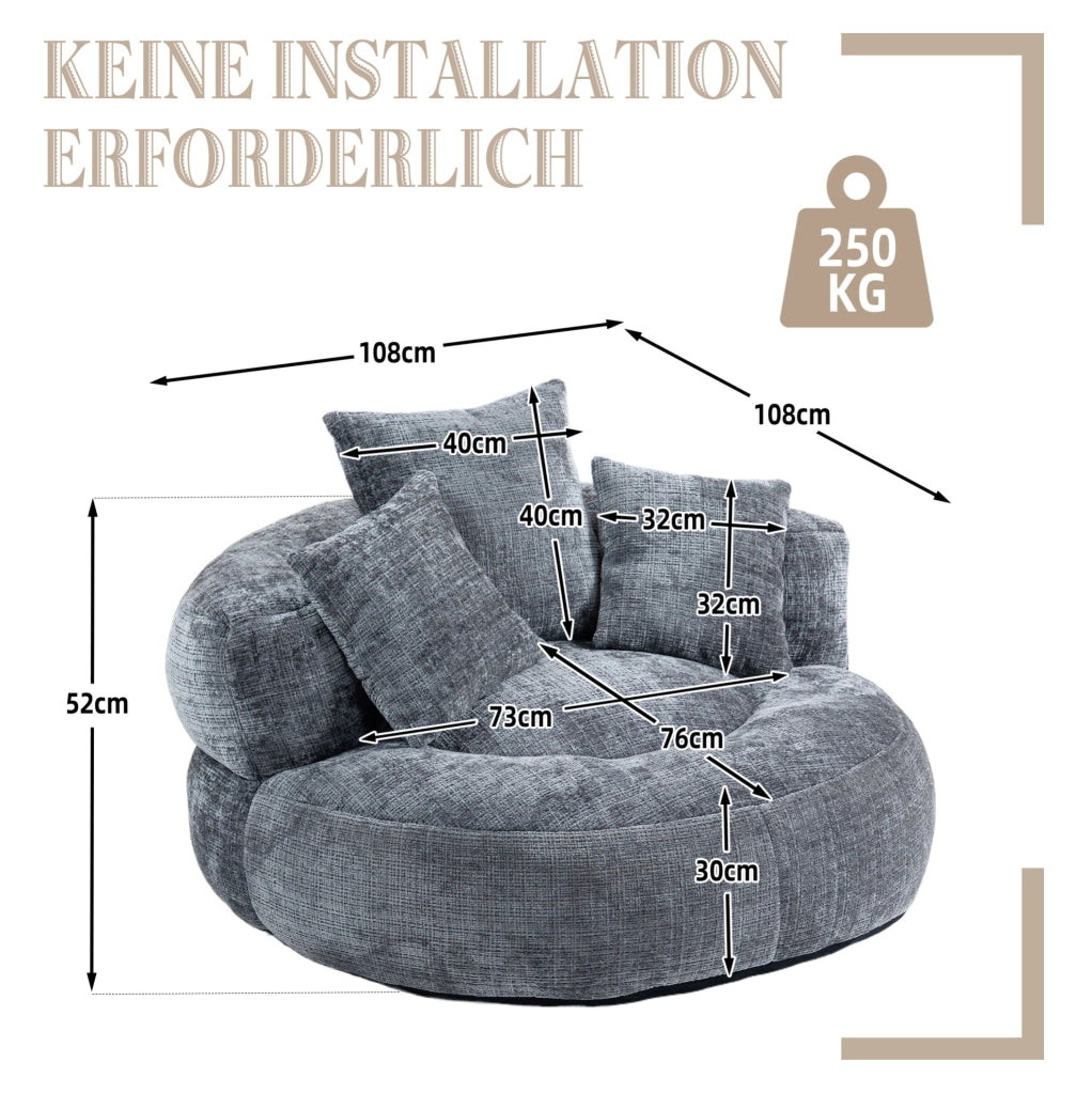 Poltrona lounge 108x108x52 cm in tessuto chenille grigio, senza montaggio