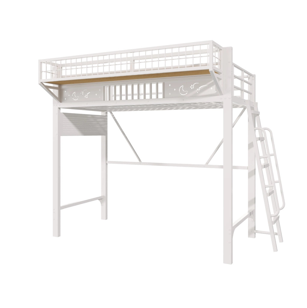 Letto a soppalco in metallo 90x200 cm con ripiani e vano aperto, senza materasso, bianco