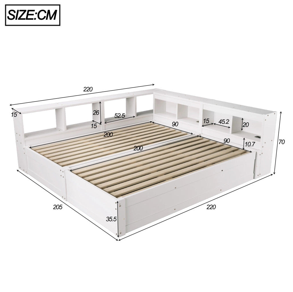 Divano letto multifunzionale 90/180 × 200 cm in legno massello con LED, prese multiple e contenitori, bianco