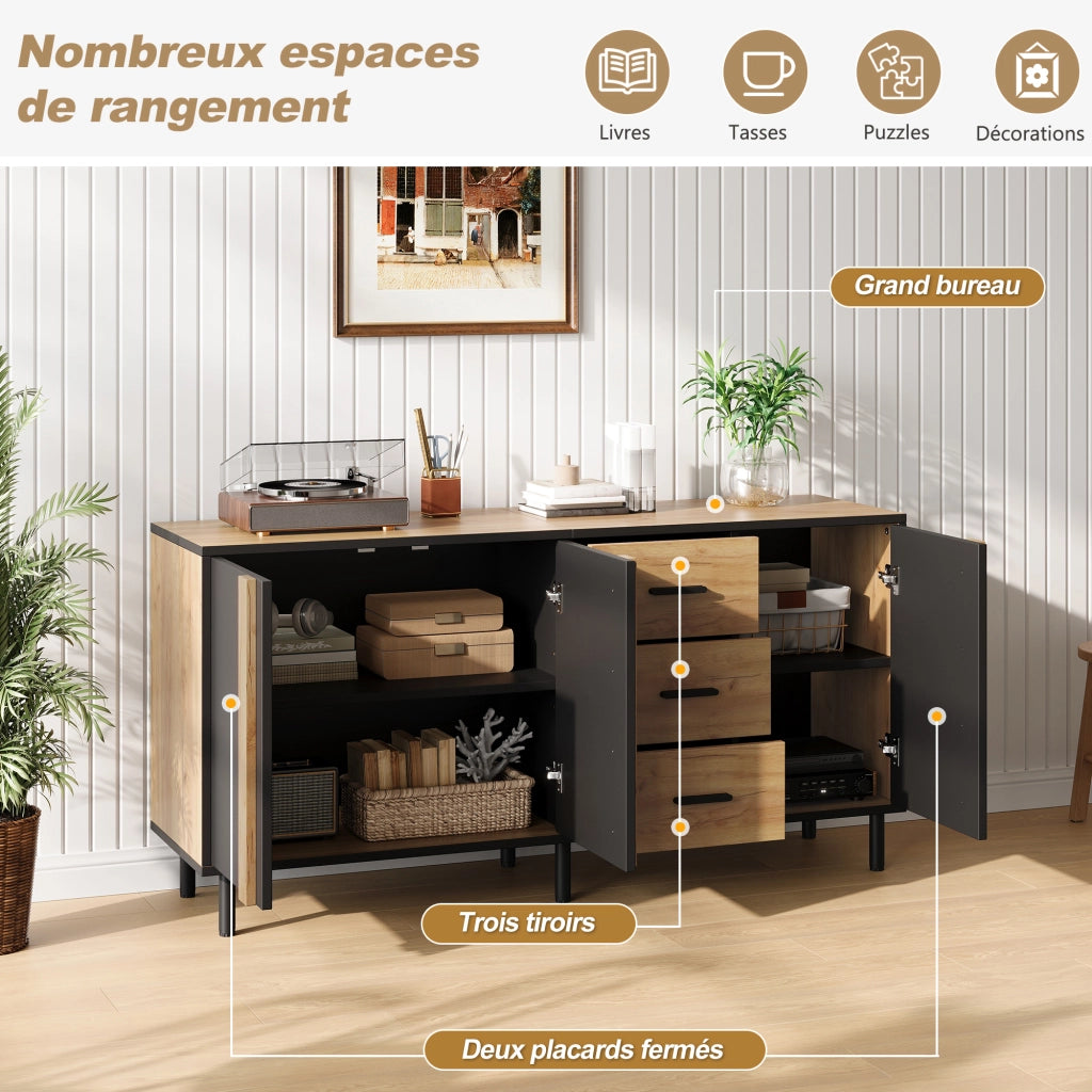 Credenza 140 × 35 × 70 cm con 3 ante e 3 cassetti in MDF nero e effetto legno con 6 gambe in metallo moderne
