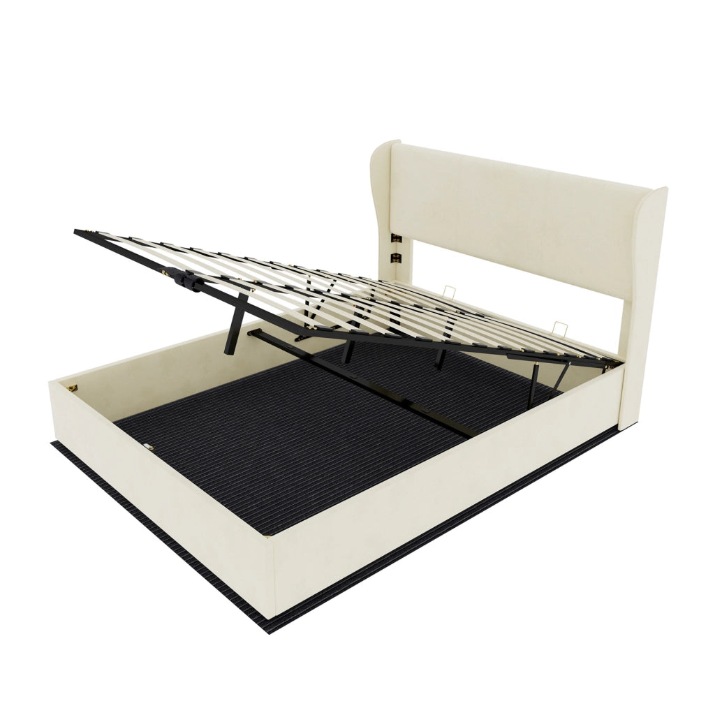 Letto Imbottito Moderno 160x200 cm Beige con Contenitore e Meccanismo a Gas, Testata Morbida e Design Minimalista
