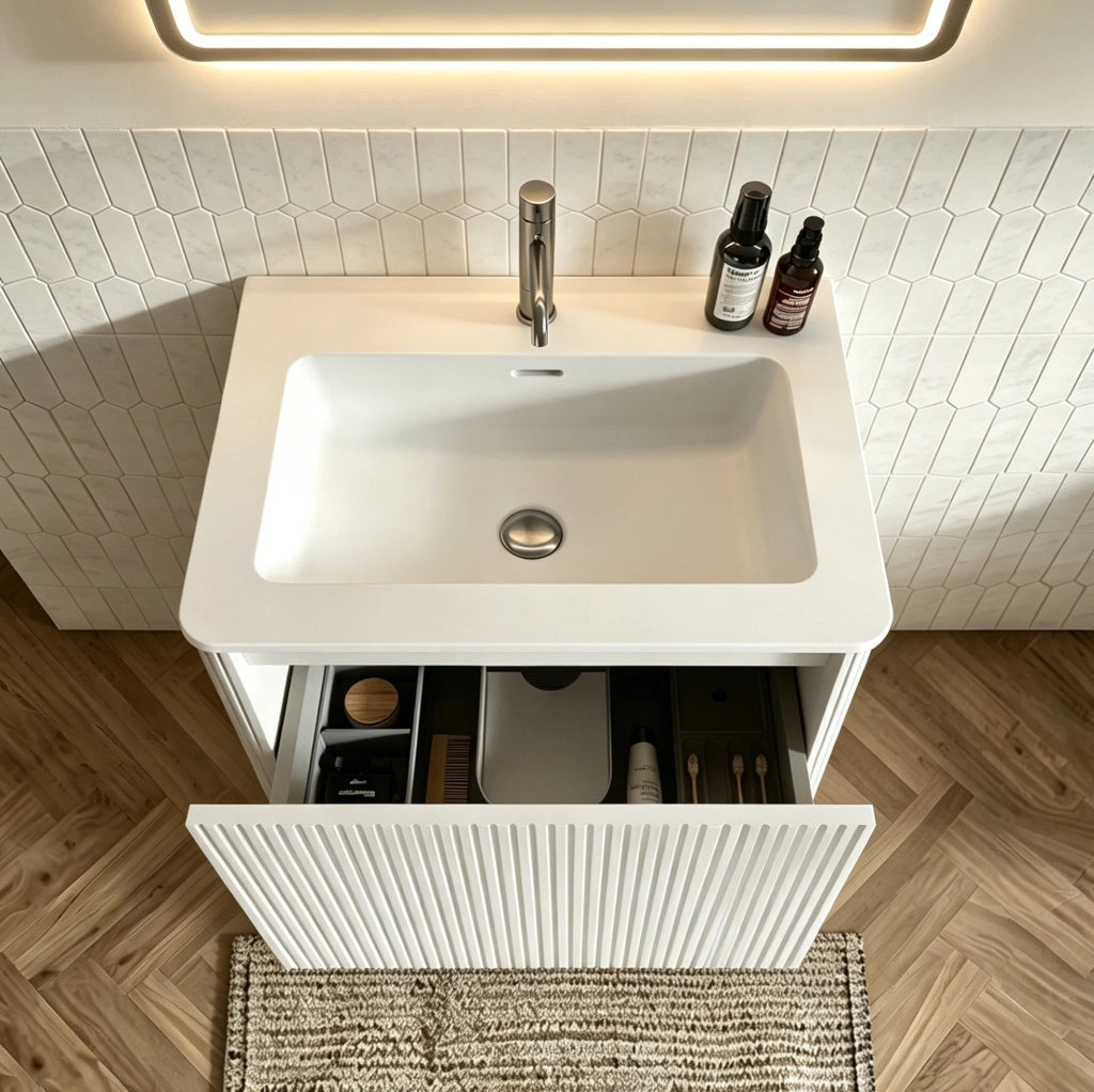 Mobile bagno 60 cm bianco con lavabo e specchio LED rotondo, sospeso